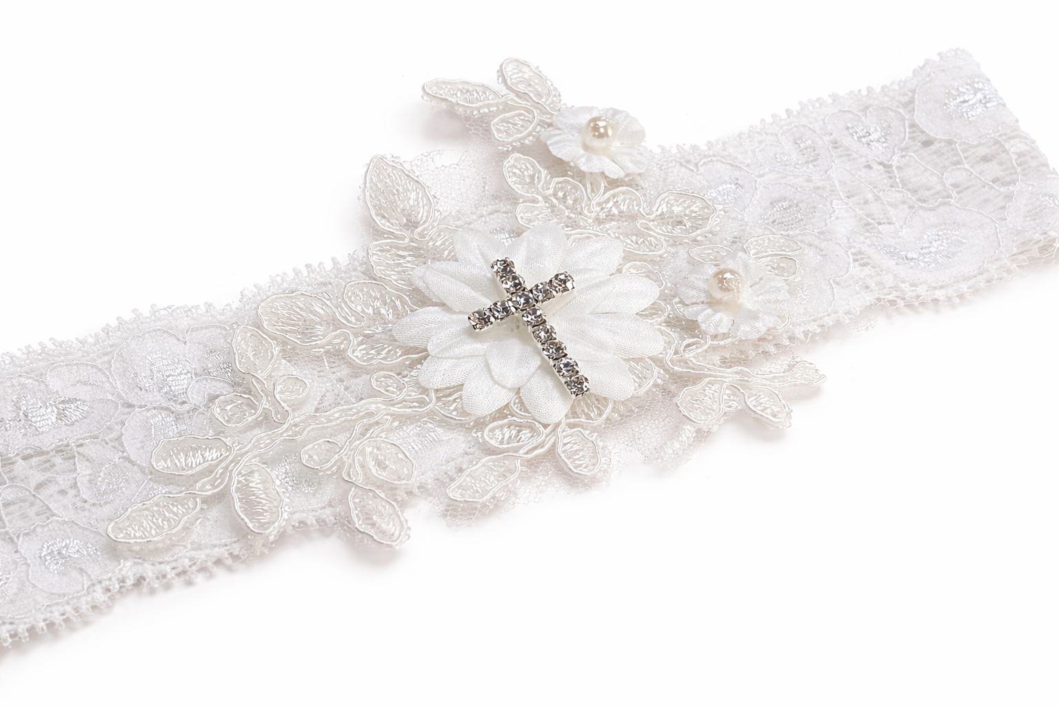 Lt. Ivory Baby Headband w/ Venise Lace & Cross